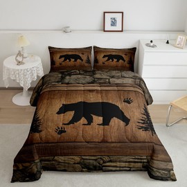 Manfei Rustic Bear Comforter Set Queen Size, Wildlife Hunting Theme Quilt Set with 2 Pillowcases, Wild Animal Bedding Set 3pcs for Kids Boys Teens Room Decor, Wooden Board Duvet Insert