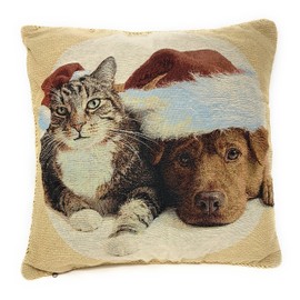 Christmas Throw Pillow Cover Chocolate Lab Persian Cat Red Santa Hat Dog Style Linen Square Pillowcase Home Decor Cushion for Sofa Bed Chair Couch 18x18 Inch