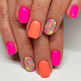 RUPOFUZA Short Press on Nails Square Fake Nails Rose Red Acrylic Full Cover False Nails Press ons Orange Glue on Nails With Lovely Little Flowers Artificial Nails for Women Girls 24 Pcs