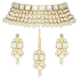 Aheli Faux Kundan Stone Indian Traditional Necklace Earrings Maang Tikka Set Wedding Fashion Party Wear Jewellery Gift for Women White