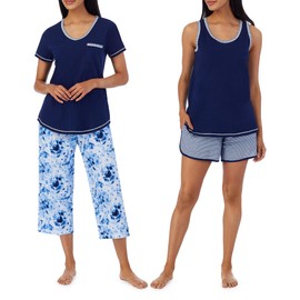 Carole Hochman Women's 4-Piece 100% Cotton Pajama Set – V-Neck T-Shirt, Tank, Capri Pants & Shorts with Drawstring & Pockets, Medieval Blue, XX-Large