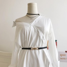 INGJIA Pack of 2 Slim Waist Belt for Women Adjustable Thin Belt Slim Leather Belt with Gold Metal Buckle for Dress