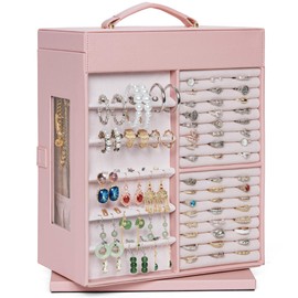 AKOZLIN 360° Rotating Jewelry Box 6-Tier Organizer Functional Jewelry Storage Case for Women Girls Ring Necklace Earring Bracelet Holder with Mirror Pink