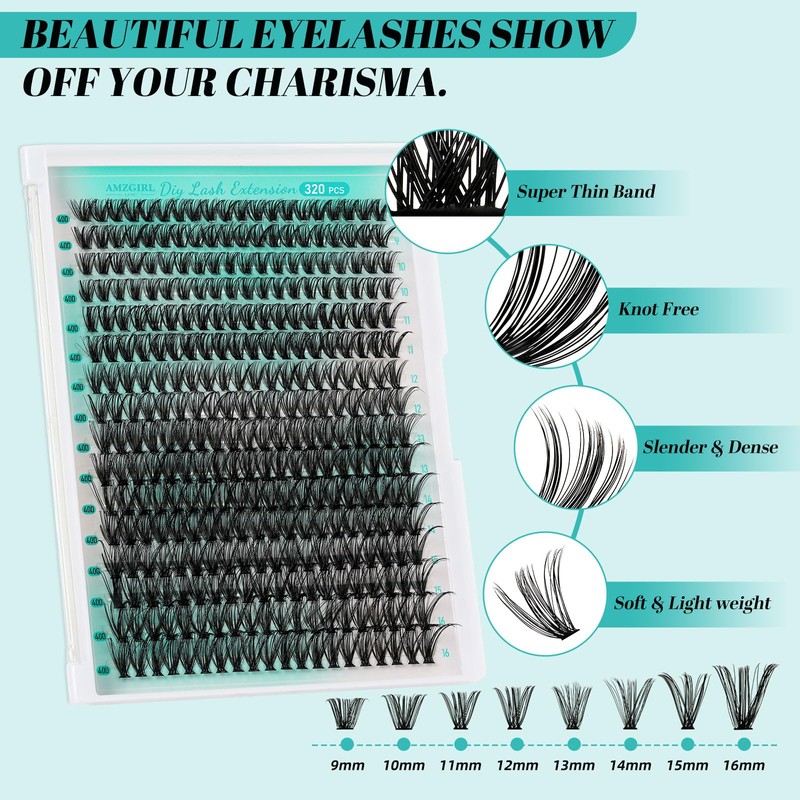 Lash Extension Kit 320Pcs,DIY Individual Lashes Clusters Kit,Lash Bond And