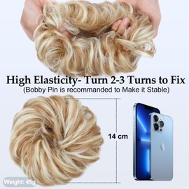 Hairpiece Bun Mix Hair Scrunchie with Hair, Light Golden Blonde & Bleached Blonde, Updo Hairstyles, Elastic Band, Wavy Hair Extensions for Women, Highlights, 45 g