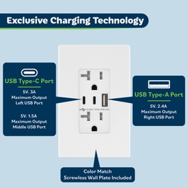 TOPGREENER 4.2A 21W 3-Port Type C USB Outlet, 20 Amp Receptacle Plug, Charging Power Outlet with Dual Type C&A Ports, Screwless Wall Plate Included, UL Listed, TU22042AC2-WSID, White, 6 Pack