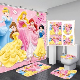 Pink Girls Cartoon Bathroom 4 Pieces Set Shower Curtain, Toilet Lid Cover and Bath Mat, Non-Slip Rugs, Durable and Waterproof, for Bathroom Decor Set, 72" x 72"