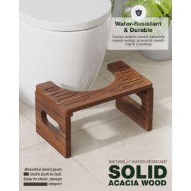 BLUEWEST Foldable Toilet Stool, 7'' and 9'' Adjustable Heights Acacia Wood Poop Stool for Potty Training,Durable Collapsible Bathroom Seats, Adjustable Height for Family Members with Non-Slip Layer