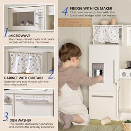 Tiny Land Wooden Play Kitchen Set for Kids, Realistic Pretend Toy with Oven, Microwave, Refrigerator, Dishwasher & Coffee Maker, Toddler Kitchen Toy with Floral Design for Boys & Girls