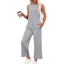 XIEERDUO 2 Piece Lounge Sets for Women summer Fashion Travel Outfits Wide Leg Sweatsuit sleeveless Loungewear Airport Tracksuit Casual spring Grey XL