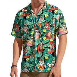 ELDPS Christmas Hawaiian Shirt for Men: Christmas in July T-Shirt Santa Claus Summer Beach Button Down Tops Green