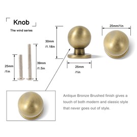 khtumeware 10 Pack 1 Inch (25mm) Diameter Round Solid Vintage Brushed Antique Brass Finish Kitchen Cabinet Knob.
