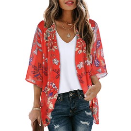 Summer Kimono Cardigan for Women Sheer Boho Tops Casual Open Front Swimwear Shirts Beach Cover ups (Boho Red,XL)