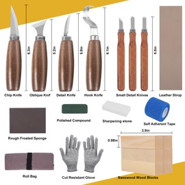 Wood Carving Kit, Wood Carving Tools Set with Wood Carving Knives Detail Knives Blocks Gloves Whittling Kit for Beginners Adults Kids Woodworking Tools for Spoon, Bowl, Kuksa Cup (26PCS)