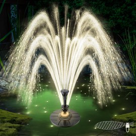 Jutai Floating Pond Fountain Pump with LED Lights Electric 2 Tier Spray, Plug in DC 12V Outdoor Water Fountain Waterfall for Small Ponds, Garden, Inground Pools, 32.8ft Power Cord(Warm White)