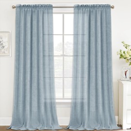 FantasDecor Linen Sheer Curtains 108 inch Length 2 Panels Set Light Filtering Privacy Drapes Rod Pocket Window Blinds Shades for Farmhouse Living Room, Stone Blue