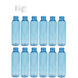 Premium Essential Oil 2 Ounce Cosmo Round Bottles, PET Plastic Empty Fillable BPA-Free, with White Press Down Disc Caps (Pack of 12) (Light Blue)