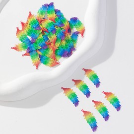 COLIGREE 50pcs Multicolor Filigree Feather Charms Two Face Painted Colorful Plume Pendant for DIY Earring Necklace Jewelry Making Bookmark Hanging Decorations (Rainbow)