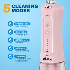WELLLEO WellLeo Water Flosser for Teeth, 300ML Cordless Oral Irrigator Rechargeable Dental Flosser Teeth Picks with 5 Modes 5 Jet Tips,IPX7 Waterproof Teeth Cleaner for Braces Gum Care, Home Travel Use