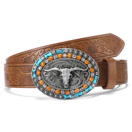 SENDEFN Western Cowboy Belt for Men Women Leather Longhorn Bull Buckle Belts 1.5" Wide Country Belt for Jeans
