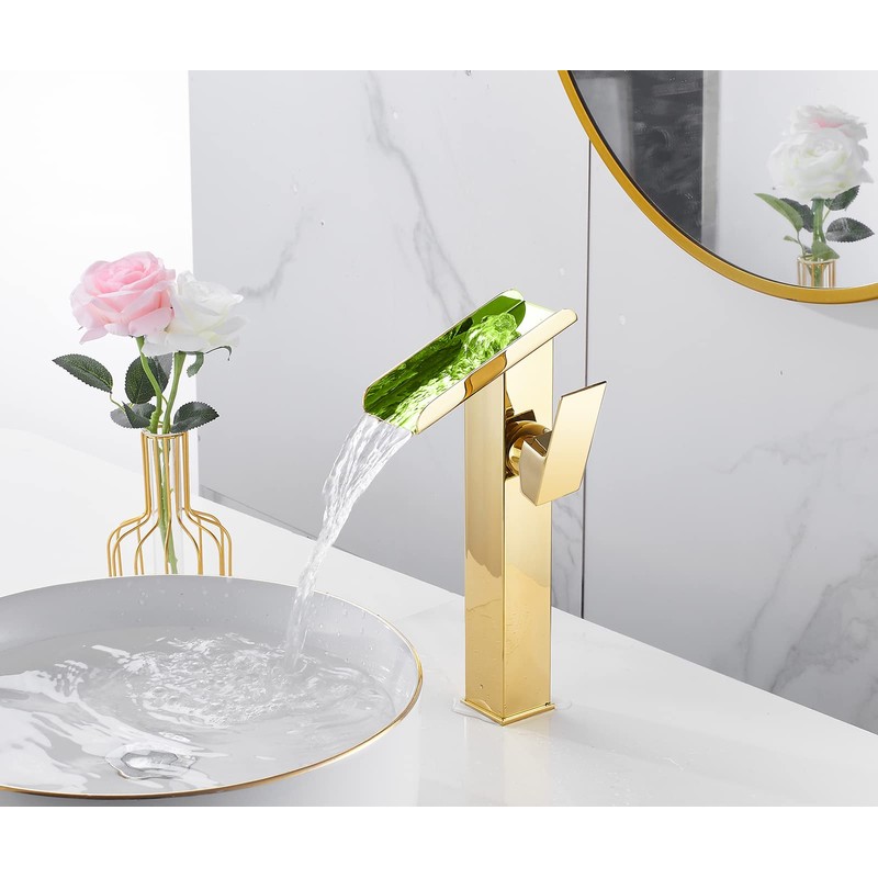 Bathroom Vessel Faucet Gold Waterfall Open Spout Basin Faucet Led