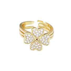 3Pcs Four Leaf Clover Ring Sets for Women Lucky Leaf Stackable Bands Vintage Cubic Zirconia Flower Detachable Ring Open Engagement Promise Band Adjustable Jewelry (Gold)