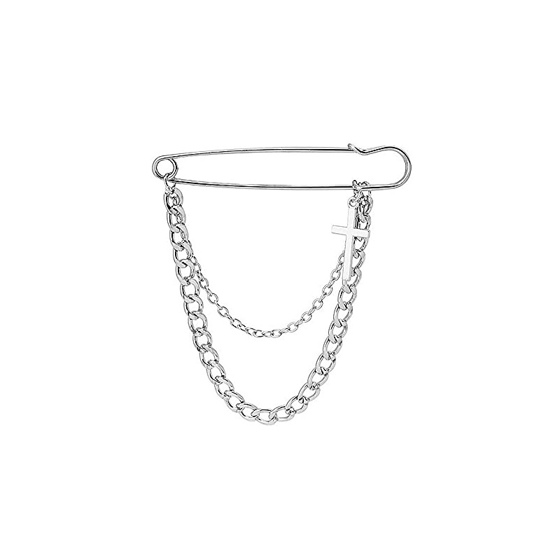 Long Chain Cross Brooch Pin Retro Silver Pin for Men