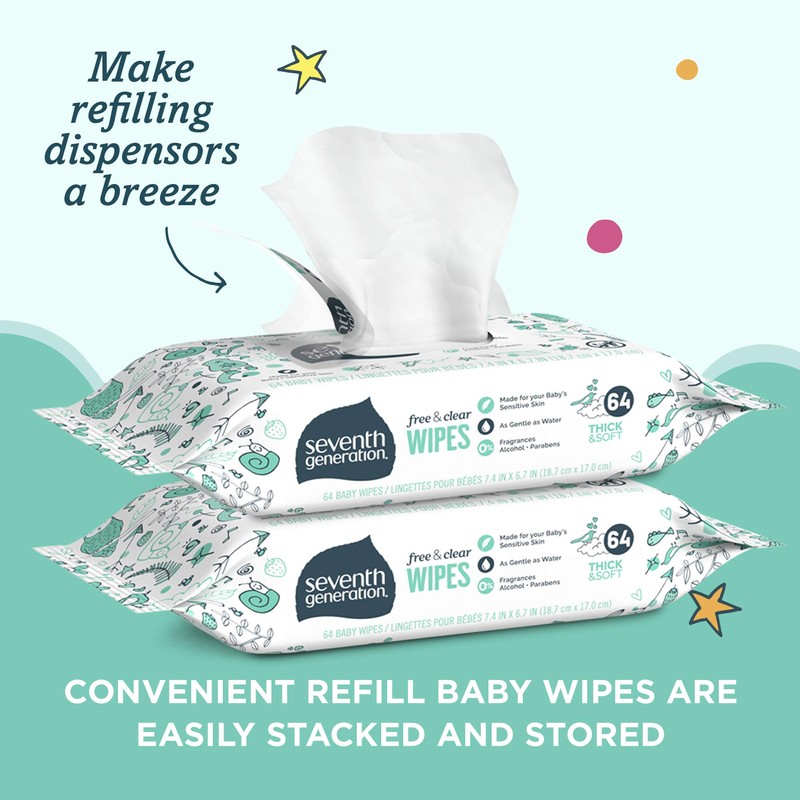 Seventh Generation, Baby Wipes, Unscented and Sensitive, 64 Count (Pack