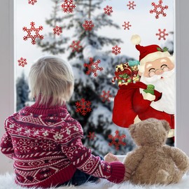 GGBOY Merry Christmas Window Clings, Double-Sided Christmas Santa Claus Snowflake Window Clings, Xmas Christmas Window Stickers Decals, Winter Holiday Window Clings for Glass Windows Decorations