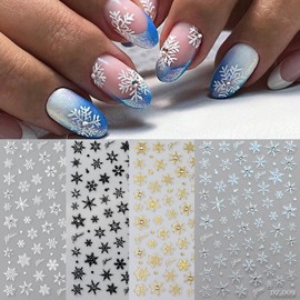 Snowflake Nail Art Stickers Christmas Nail Decals Winter Nail Art Supplies Self Adhesive Xmas Nail Stickers Gold Silver Black White Snowflake Nail Design Stickers Christmas Decorations for Nails, 4Pcs