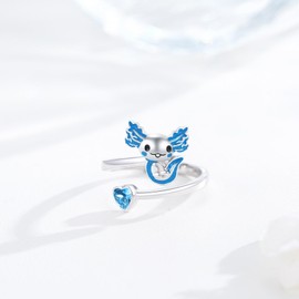 Axolotl Ring 925 Sterling Silver Adjustable Blue Axolotl Open Ring Cute Animal Ring Axolotl Jewellery Gift for Girls Women, Sterling Silver, Cubic Zirconia