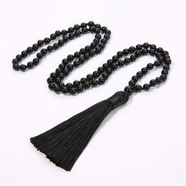 BALIBALI 8MM Beads Chakra Long Mala Necklace Natural Stone Meditation Statement Necklace Japa Yoga Rosary Prayer Charm Beaded Tassel Necklace (Black Agate)