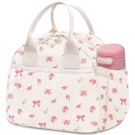 Carry bloom Lunch Box for Women, Insulated Lunch Bag Cute Corduroy Lunchbag Reusable Lunchbox for Work (flower bow beige)