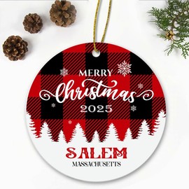 Merry Christmas Salem Massachusetts Ornament2025 - Xmas Holiday Keepsake for Decor Salem MA Ornament Souvenir Gift Family Friends - New Home Ornament 3" Plastic