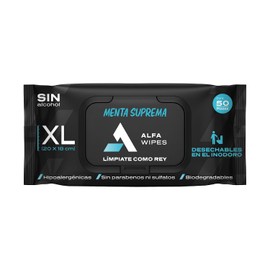 Alfa Wipes Toallitas Humedas para Adulto Extra Grandes y Gruesas, Desechables en Inodoro, Menta Suprema, Hipoalergénicas, con Aloe, Vitamina E, Manzanilla | 1 paquete con 50 toallitas