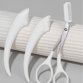 Half-Moon Eyebrow Grooming Set (1 Scissor + 2 Razors) - All-in-One Trimmer & Comb 3-Piece Kit (White) 6ea
