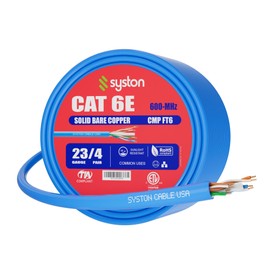 Syston Cable Technology Cat 6E Ethernet Network Cable - 20 FT，600MHz 23AWG Solid Bare Copper Wire Outdoor/Indoor, Bulk No Ends 10 Ft to 1000 Ft Available, Heat Resistant Plenum Rated - CMP