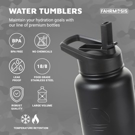 FAHRMOSIS 40 Oz Water Bottle with Strap Stainless Steel Sports Water Bottle with 3 Lids (Straw, Chug and Flip Lid) Insulated Leak Proof Metal Jug for Men & Women - Black