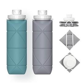 Botella de agua deportiva plegable, 2 botellas de agua blandas con válvula a prueba de fugas, botella de agua de silicona portátil sin BPA para gimnasio, correr, andar en bicicleta, acampar, etc.