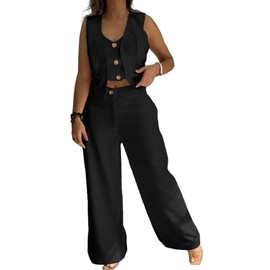 CHICME Women's 2 Piece Summer Outfits V Neck Metal Button Front Crop Tank Vest Wide Leg Pants Set Vacation Travel Matching linen Sets Black-M