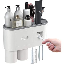 Soporte para Cepillo de Dientes, Portacepillos Pared con Dispensador Pasta Dental y 2 Tazas, Porta Cepillo de Dientes para 5 Cepillo Dientes, Organizador de Cepillos Dentales para Baño sin Perforación