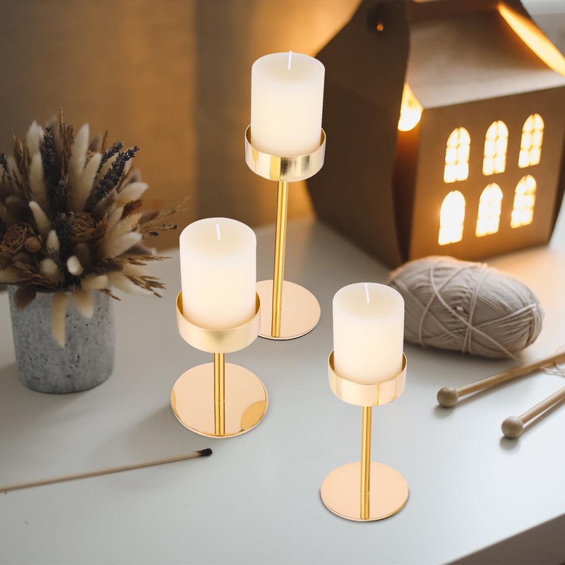 Pillar Candle Holders Set of 3, 3.15" Diameter Gold Candlestick