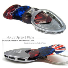 PICKBAY Guitar Pick Holder Pendant Necklace (Stainless Steel) & 6 Bright Jewel-tone Guitar Picks Set