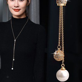 Chargances Rhinestone Long Pendant Necklace for Women Pearl Statement Sweater Necklace Gold Plated Crystal Pearl Necklace Fashion Jewelry Women Gifts (Gold)