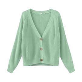 TASAMO Women's Long Sleeve Knit Sweater Open Front Cardigan Button Loose Outerwear (Large,Crystal Green)