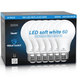 Great Eagle A19 LED Light Bulbs 60 Watt Equivalent, Soft White 3000K LED Light Bulbs, 9W Non Dimmable, 800 Lumens (6 Pack)