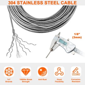 Sanuke 1/8” 304 Stainless Steel Cable, 100ft Wire Rope Metal Cable with Loop Sleeve and Thimble, 7x7 Strand Core Steel Wire for Deck Railing System, Garden Fence, Outdoor Hanging Kit