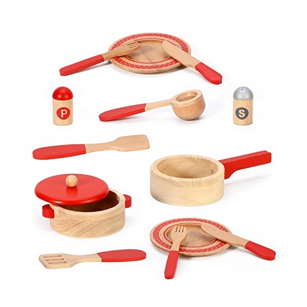 SOKA Wooden Kitchen Red 14PC Cooking Set Interactive Pretend Role Playset Early Developmental Kitchen Miniature Educational Preschool Learning Toy for Children Kids Girls Ages 3 year old +