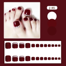 Vezocim Red False Toenails Sets, Press on Toenails Coffin with Rhinestone Designs, Full Cover Artificial Acrylic Fake Nails for Toe, Glue on Toenails with Charm, Stick on Toe Nails for Women