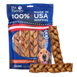 Pet Factory 7in Braided Beefhide Dog Chew Sticks with Peanut Butter Flavor - 100% USA Made Rawhide Chews for Medium Dogs, Long Lasting Dental Health, 7 inches (Pack of 6)